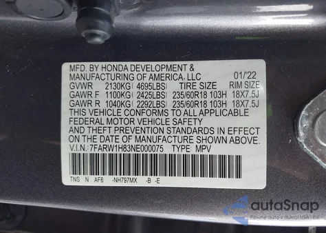 2022 Honda Cr-V 2Wd Ex-L from USA, damaged, VIN 7FARW1H83NE000075